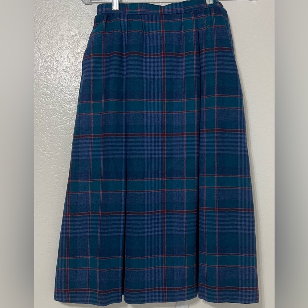 Pendleton 100% Virgin Wool Teal Navy Plaid Pleated Midi Skirt USA
